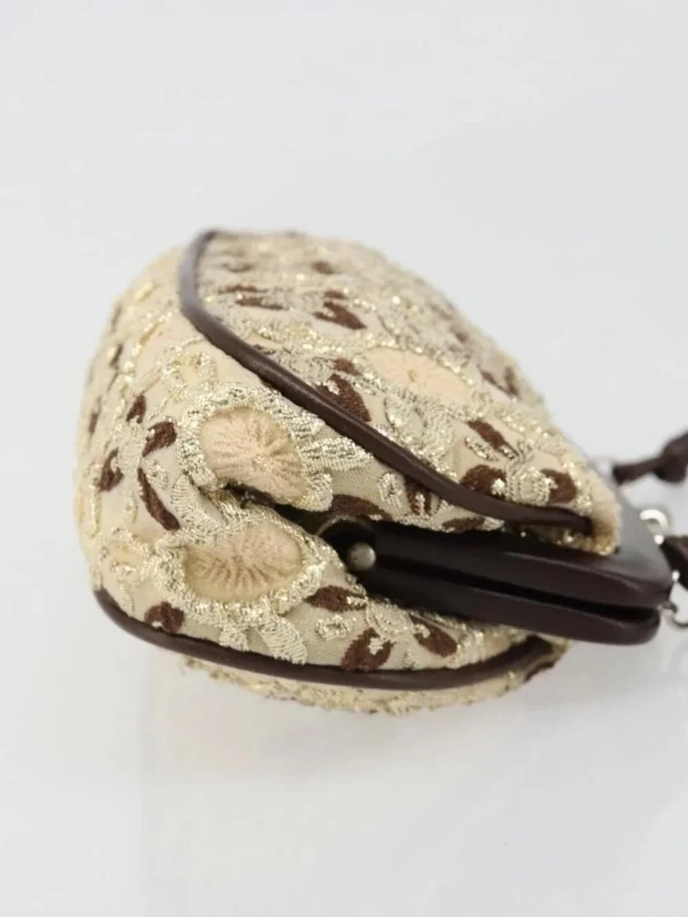 PRADA Coin Purse Shoulder Pouch Canvas Beige Silver Auth 185760SAV